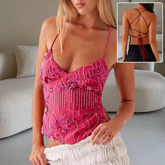 V-neck Flower Beaded Backless Vest